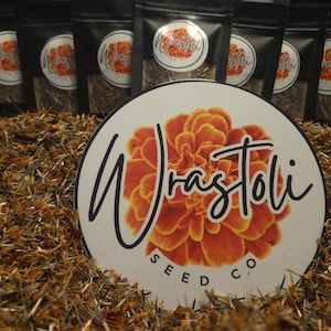 Puede incluir: Una imagen muestra varias bolsas negras con etiquetas circulares con un diseño de flor naranja y el texto "Wrastoli Seed Co." Un gran letrero redondo con el mismo diseño está en primer plano, sobre un lecho de materia vegetal seca.