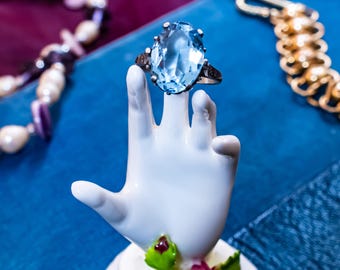 Vintage Sky Blue Topaz Statement Ring, Ornate Silver Crown Setting, Chunky Oval Gemstone