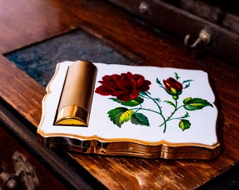 Polvos compactos Stratton Rose vintage con soporte para pintalabios, fabricados en Inglaterra. Estuche compacto de tocador.