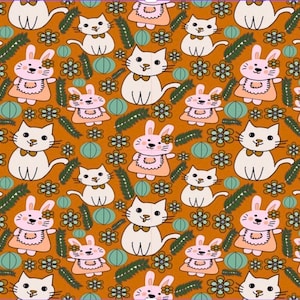 May include: A repeating pattern featuring cartoon cats and bunnies in a whimsical design. The cats are white with bow ties, and the bunnies wear dresses. The background is a warm orange color, with green and white floral and leaf accents.