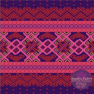 Könnte beinhalten: Ein nahtloses digitales Muster mit einem dunkelvioletten Hintergrund und horizontalen Bändern aus geometrischer Pixelkunst in Rot-, leuchtenden Pink- und Gelbtönen. Der Text Seamless Pattern 3000x3000px PNG 300 DPI ist unten rechts sichtbar.