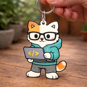Silicon Valley Coder Cat Keychain | Hand-Painted 3D Printed Techie Feline Art | Unique Developer Gift Charm