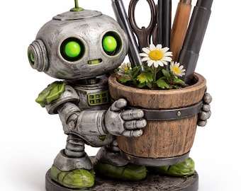 Organizador de escritorio Robot Gardener, portalápices con forma de maceta de flores impresa en 3D y pintada a mano para escritorio.