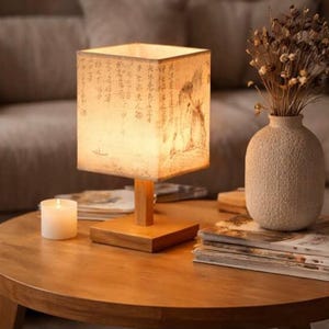LED Table Lamp Dimmable Chinese Style Bedside Lamp Fabric Square Shade Night Light for Bedroom Desk Decor