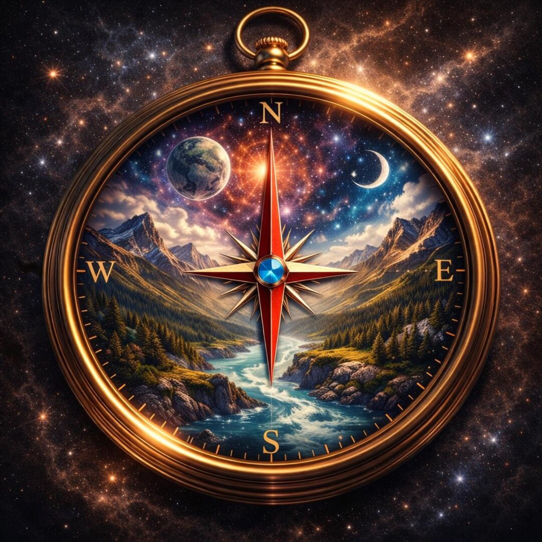 Compass Project Moon Celestial Compass Art: Mountains, River, Stars, Moon Path Finding Tool ...