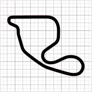May include: Black outline of a race track circuit on a grid background. The track features a series of turns and a long straightaway. The design is simple and graphic, suitable for motorsport enthusiasts.