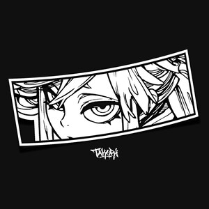 以下が含まれることがあります： アニメスタイルの目と顔の一部のイラストが描かれた白黒のステッカー。ステッカーは長方形で白い縁取りがあり、下部に「TAKORI」の文字がスタイリッシュに書かれています。