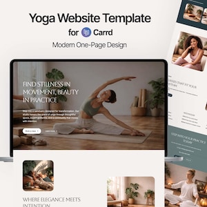 Può includere: Un modello di sito web di yoga moderno per Carrd, con un design a pagina singola. Il sito web presenta immagini di pose di yoga e interni di studio, con il testo "Find Stillness in Movement, Beauty in Practice."
