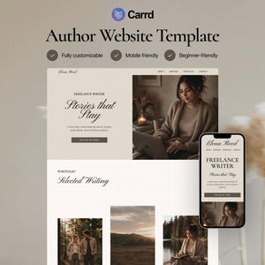 May include: An author website template with a modern design, displayed on a desktop and mobile device. The template highlights a freelance writer's portfolio. Text includes "Stories that Stay" and "Selected Writing". Fully customizable and beginner-friendly.
