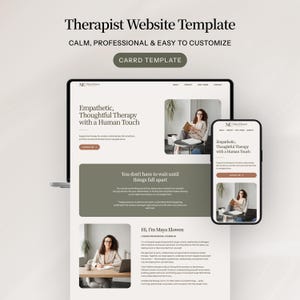 Könnte beinhalten: Eine digitale Website-Vorlage für Therapeuten mit dem Titel Therapist Website Template, die ein Carrd-Vorlagendesign auf einem Laptop und einem Smartphone-Bildschirm mit einer neutralen Farbpalette und professioneller Typografie zeigt.