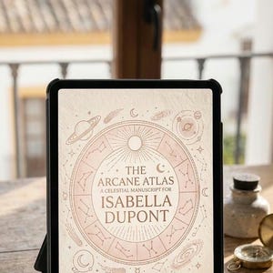 Könnte beinhalten: Ein Tablet mit "The Arcane Atlas", einem himmlischen Manuskript für Isabella Dupont. Das Design zeigt Planeten und Sternbilder in Rosa. Das Tablet liegt auf einem Holztisch.