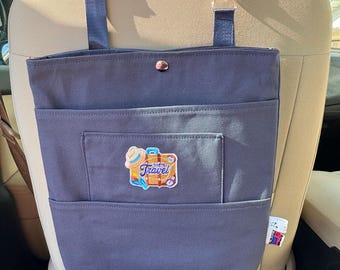 Navy Blue Canvas Car Seat Organizer Tote, Hanging Book Bag, Travel Pockets