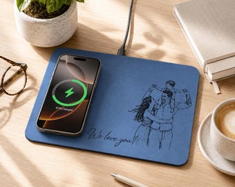 Base de carga inalámbrica personalizada con dibujo de foto de papá, alfombrilla de carga con diseño lineal personalizado, regalo del Día del Padre para esposo o papá.