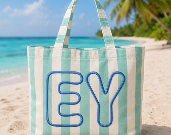 Custom Embroidered Striped Beach Tote Bag, Personalized Name Canvas Shopper, Bridesmaid Gift, Future Mrs Bridal Tote Bag