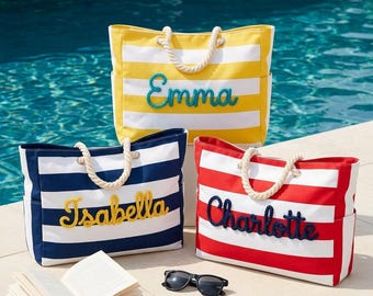 Personalized Beach Tote Bag with Zipper, Waterproof Pool Bag for Women, Custom Bridesmaid Gift, Large Travel Tote for Beach Trip