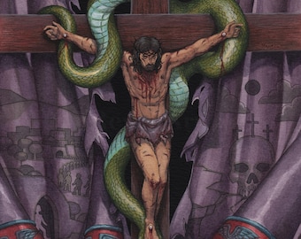Serpent on a Pole illustration, Crucifixion of Jesus painting, Christian wall art
