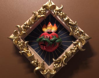 Sacred Heart of Jesus handmade sculpture-Original 4x4"  framed wall art