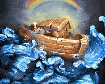 Arche Noah Miniaturmodell - Handgefertigtes Skulpturen-Diorama - Holzvitrine im Märchenbuchstil.