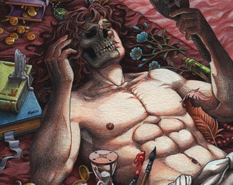 Moderne Vanitas Stillleben Gemälde Memento Mori Schädel-Kunst-Todessymbolik