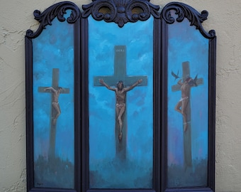 Golgotha: Crucifixion of Jesus triptych painting Passion of Christ wooden panels—authentic christian art