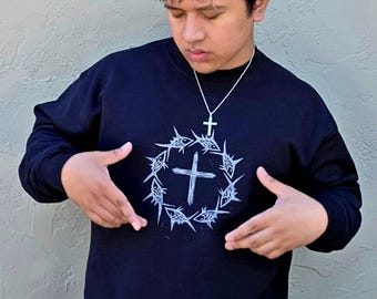 Christian Merch Dornenkrone Linoldruck Sweatshirt Groß Schwarz Rundhalsausschnitt Authentisches Design Handgefertigt