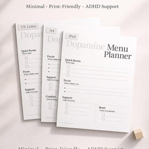 Puede incluir: Tres planificadores de menú de dopamina blancos con texto que incluye "Quick Boosts", "Focus" y "Support". Los planificadores están etiquetados como "US Letter", "A4" e "iPad". También está presente el texto "Minimal, Print-Friendly, ADHD Support".