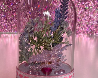 3D Printed Purple Dragon Skull Terrarium, Glitter Accents, Faux Flowers, Oddities Home Decor