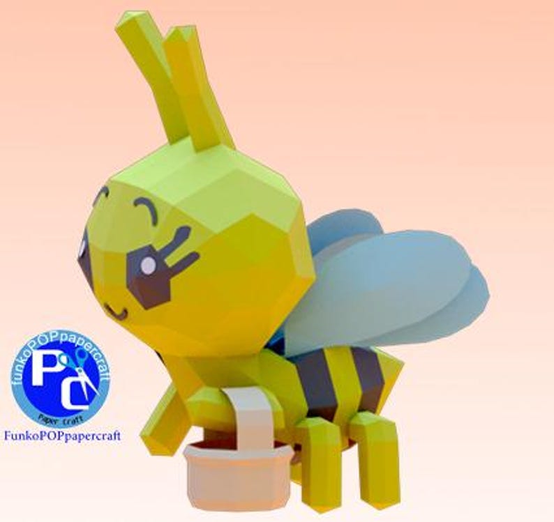 Plim Plim papercraft bee, PDF only, A4, low poly image 3