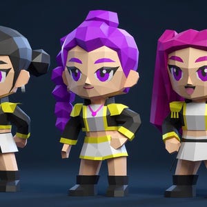 Puede incluir: Tres figuras de papel estilizadas de mujeres con rasgos geométricos. Cada figura tiene un peinado diferente en tonos morados y lleva una chaqueta negra con detalles amarillos, una falda blanca y botas negras. Las figuras tienen ojos morados.