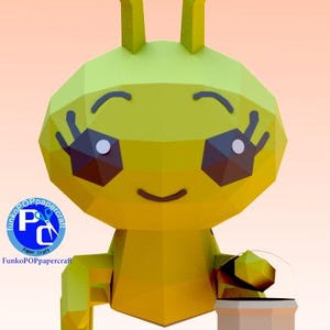 May include: A geometric papercraft figure of a smiling, yellow and green cartoon character with large eyes and antennae. The figure holds a small, beige basket. The FunkoPOPpapercraft logo is in the lower left corner.