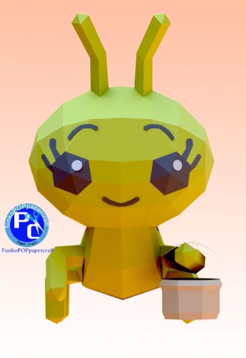 May include: A geometric papercraft figure of a smiling, yellow and green cartoon character with large eyes and antennae. The figure holds a small, beige basket. The FunkoPOPpapercraft logo is in the lower left corner.