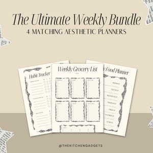 Op de afbeelding: De Ultimate Weekly Bundle van 4 bijpassende esthetische planners. De planners bevatten een habit tracker, wekelijkse boodschappenlijst en maaltijdplanner. De tekst op de afbeelding luidt "The Ultimate Weekly Bundle" en "4 Matching Aesthetic Planners".
