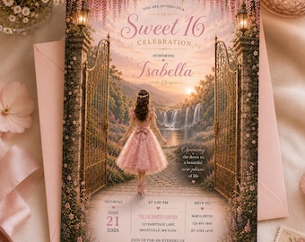May include: A rectangular Sweet 16 invitation card featuring a person in a pink dress walking through open ornate gold gates toward a waterfall. The text includes the name Isabella, the date June 21, 2026, and event details set against a garden background.