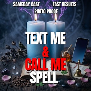 Puede incluir: Imagen con dos velas azules encendidas y el texto "TEXT ME & CALL ME SPELL". Otros elementos incluyen un teléfono inteligente, un tarro de miel, una campana, un libro abierto y cristales, sugiriendo un tema espiritual o místico.