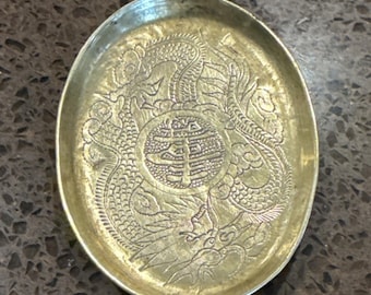 Small Brass Oval Tray with Engraved Chinese Dragon Decorative Plate Antique