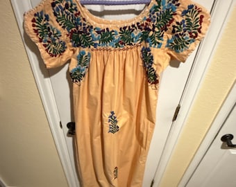 Handmade Peach Cotton Mexican Dress for Women Embroidered Floral Pattern