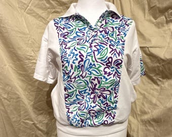 Lavon Petite PM Short Sleeve Polo Shirt White Multicolor 90s Retro Abstract