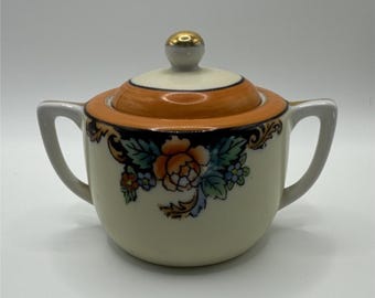 Noritake Porcelain Lidded Sugar Bowl Vintage Floral Orange Gold Handles