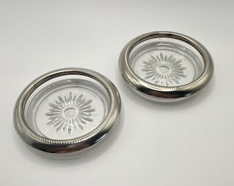 Silver Rim Glass Sunburst Coasters Set of 2 Made in Italy
