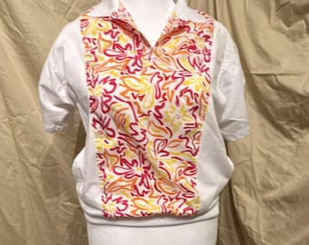 Lavon White Short Sleeve Polo Shirt with Abstract Floral Panel Pockets 90s Retro