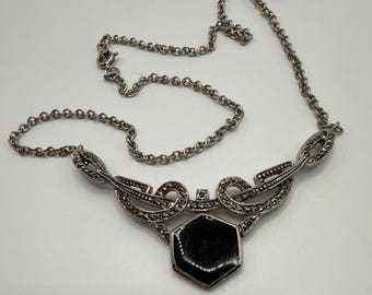 Silver Art Deco Vintage Style Costume Jewelry Necklace with Octagon Black Center