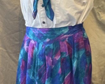 Retro 80s Abstract Pleated Knee Length Skirt and Scarf Set