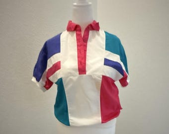80s Retro Lavon Colorblock Collared S-Sleeve Blouse White Pink Teal Purple nylon