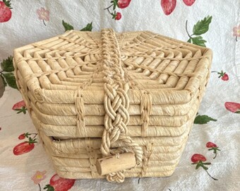 Hexagonal Beige Wicker Basket with Braided Closure Handmade Indoor Storage