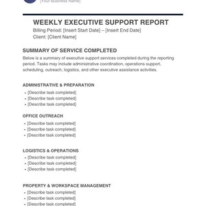 Pode incluir: Um documento branco intitulado "RELATÓRIO SEMANAL DE APOIO EXECUTIVO" com um logotipo de círculo azul. O relatório inclui seções para preparação administrativa, alcance do escritório, logística e gerenciamento de propriedades. Modelo Canva editável.