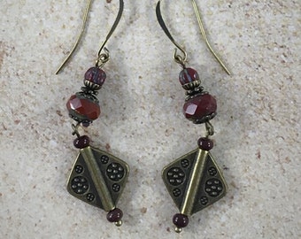 Dark red Czech glass and brass dangle earrings, Boho earrings,