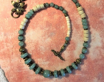 Gemstone Green Aventurine and Bone Single Strand Boho Beaded Necklace