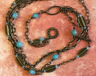 Back to the Beach aqua opalite Czech bicone beads and brass multi strand necklace