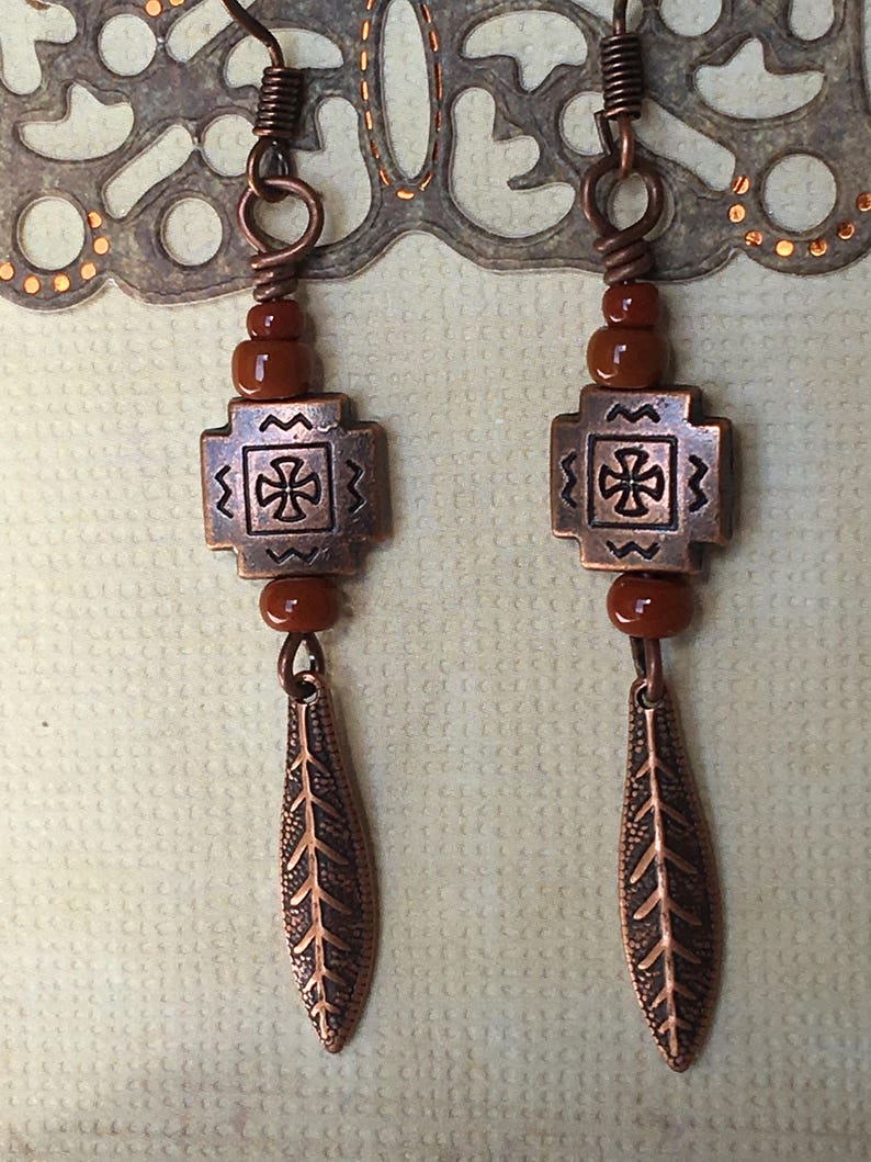 Dark orange/adobe tribal dangle earrings. image 6