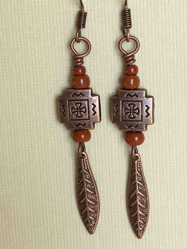 Dark orange/adobe tribal dangle earrings. image 2